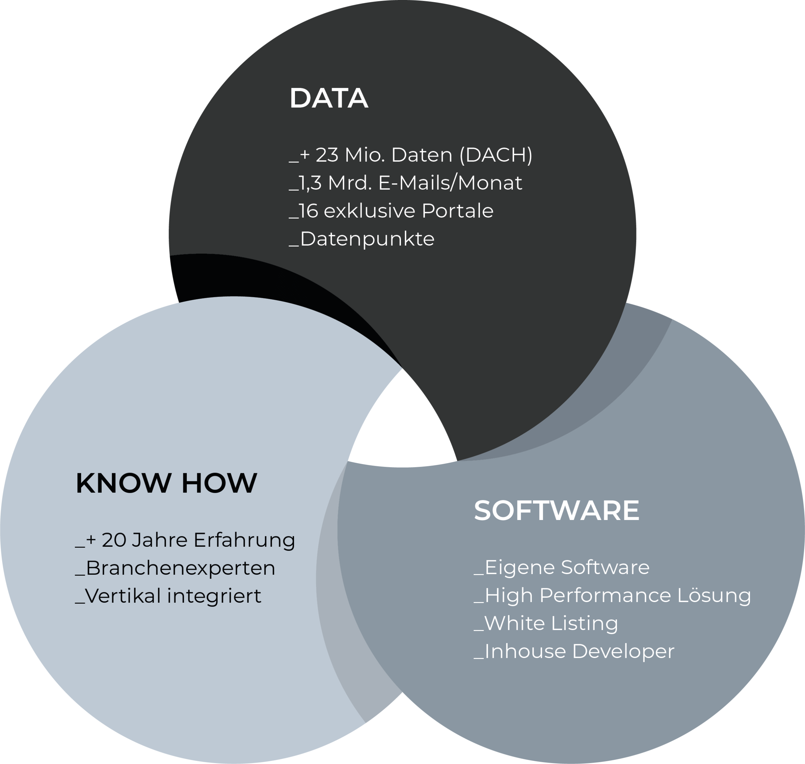 Grafik bestehend aus drei Kreisen in Grautönen über Data, Know How und Software