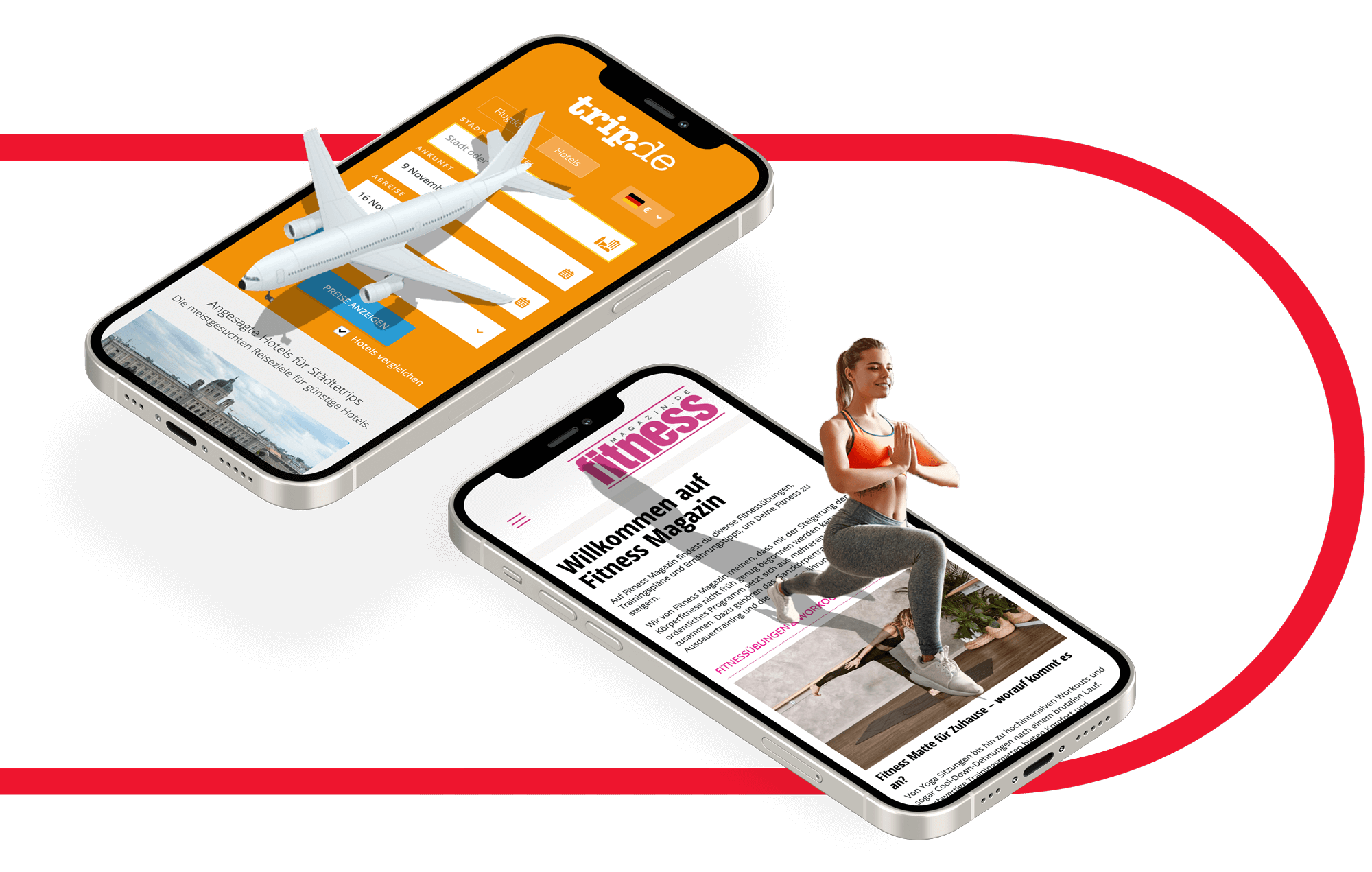 Zwei iPhone Mockups liegend - eines mit einer Fitnesswebseite und einer Frau die Sport macht - eines mit einer Reisewebseite und einem abhebenden Flugzeug