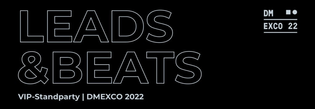 Leads & Beats - VIP-Standparty - DMEXCO 2022 - Text auf schwarzem Hintergrund