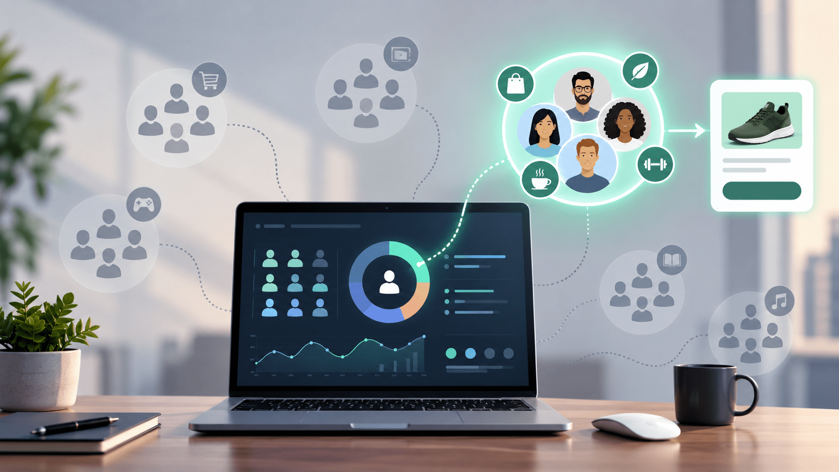 Segmentierung mit 1st-Party-Daten: Zielgruppencluster, Nutzersignale und personalisierte Ansprache auf einem Analyse-Dashboard.