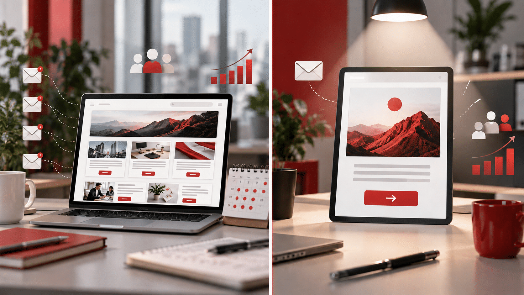 Vergleich von Standalone Mail und Newsletter auf Laptop und Tablet mit Symbolen für E-Mail, Zielgruppe und Performance.
