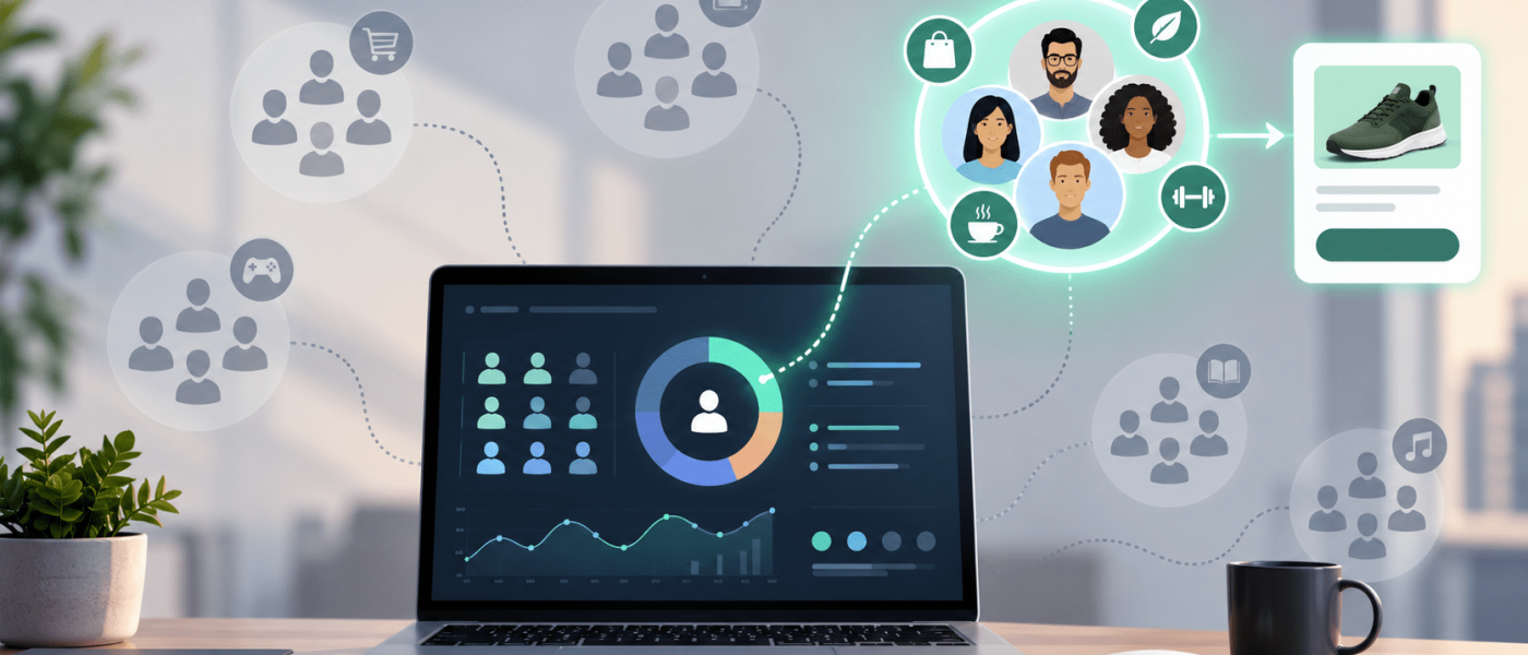 Segmentierung mit 1st-Party-Daten: Zielgruppencluster, Nutzersignale und personalisierte Ansprache auf einem Analyse-Dashboard.