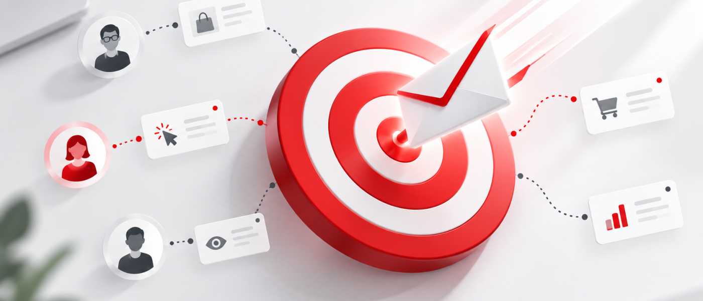 E-Mail-Retargeting im B2C mit Zielscheibe, E-Mail und Kundensignalen für Klicks, Käufe und Conversions.