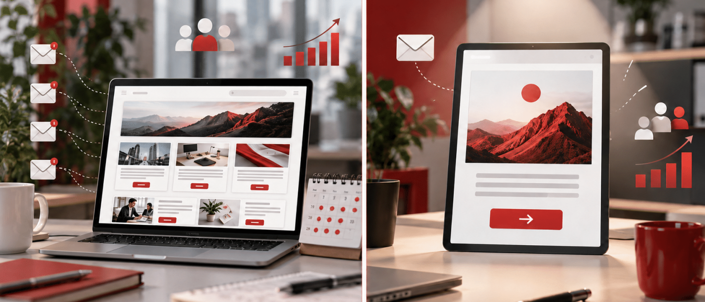 Vergleich von Standalone Mail und Newsletter auf Laptop und Tablet mit Symbolen für E-Mail, Zielgruppe und Performance.